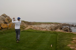 Bobby hitting into the fog and over an ocean slice on NO. 14 at Monterey Peninsula.