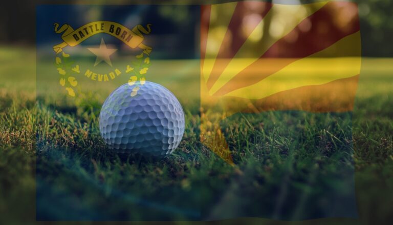 A close-up of a golf ball on green grass with the blended flags of Arizona and Nevada in the background