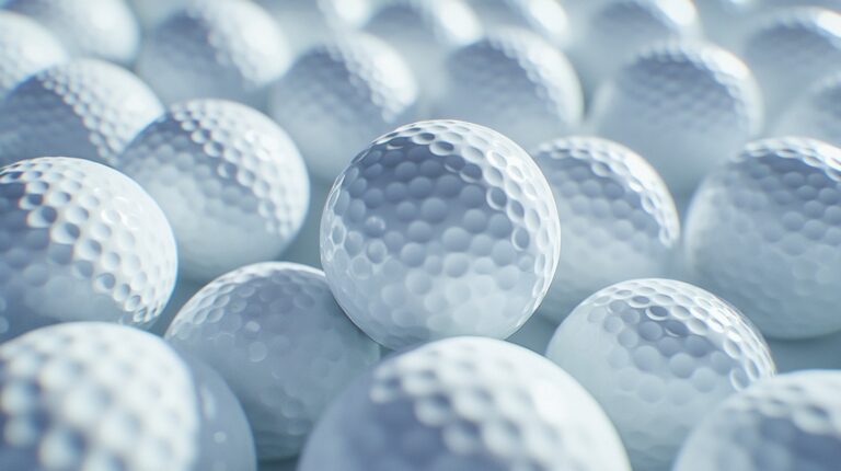 A close-up of multiple white golf balls with detailed dimples, arranged in a pattern